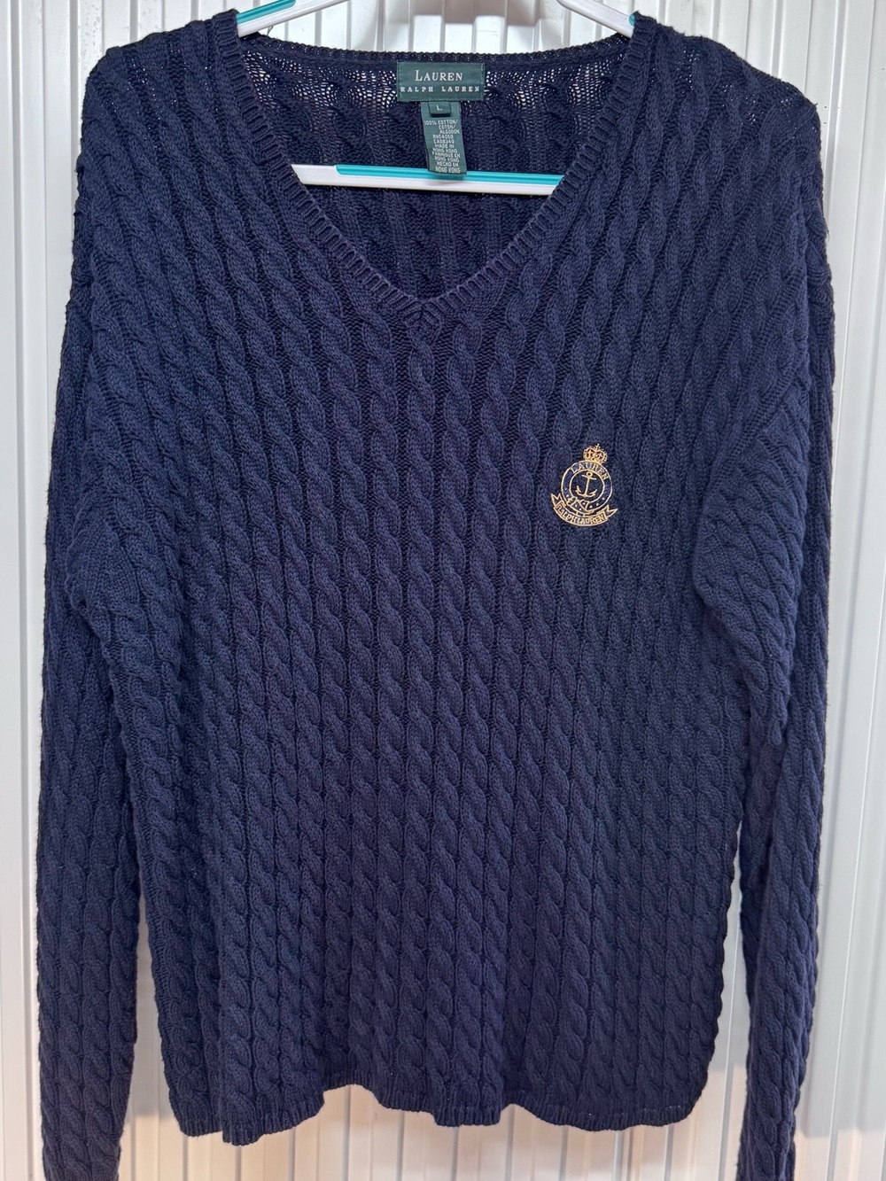 Lauren Ralph Lauren Navy Cable-Knit V-Neck Sweater with Gold Crest 100% cotton